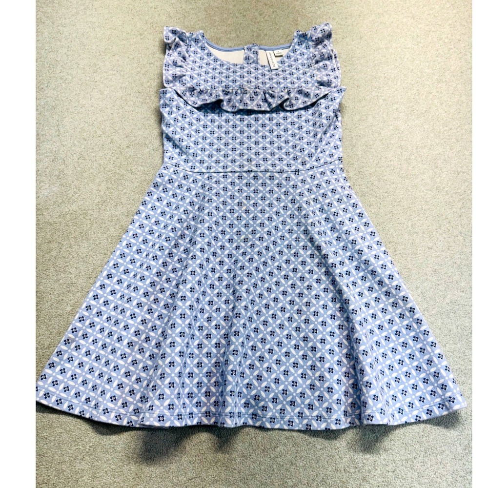 Janie And Jack Fit And Flare Dress Girls Size 8 Blue Ruffle Geometric Print